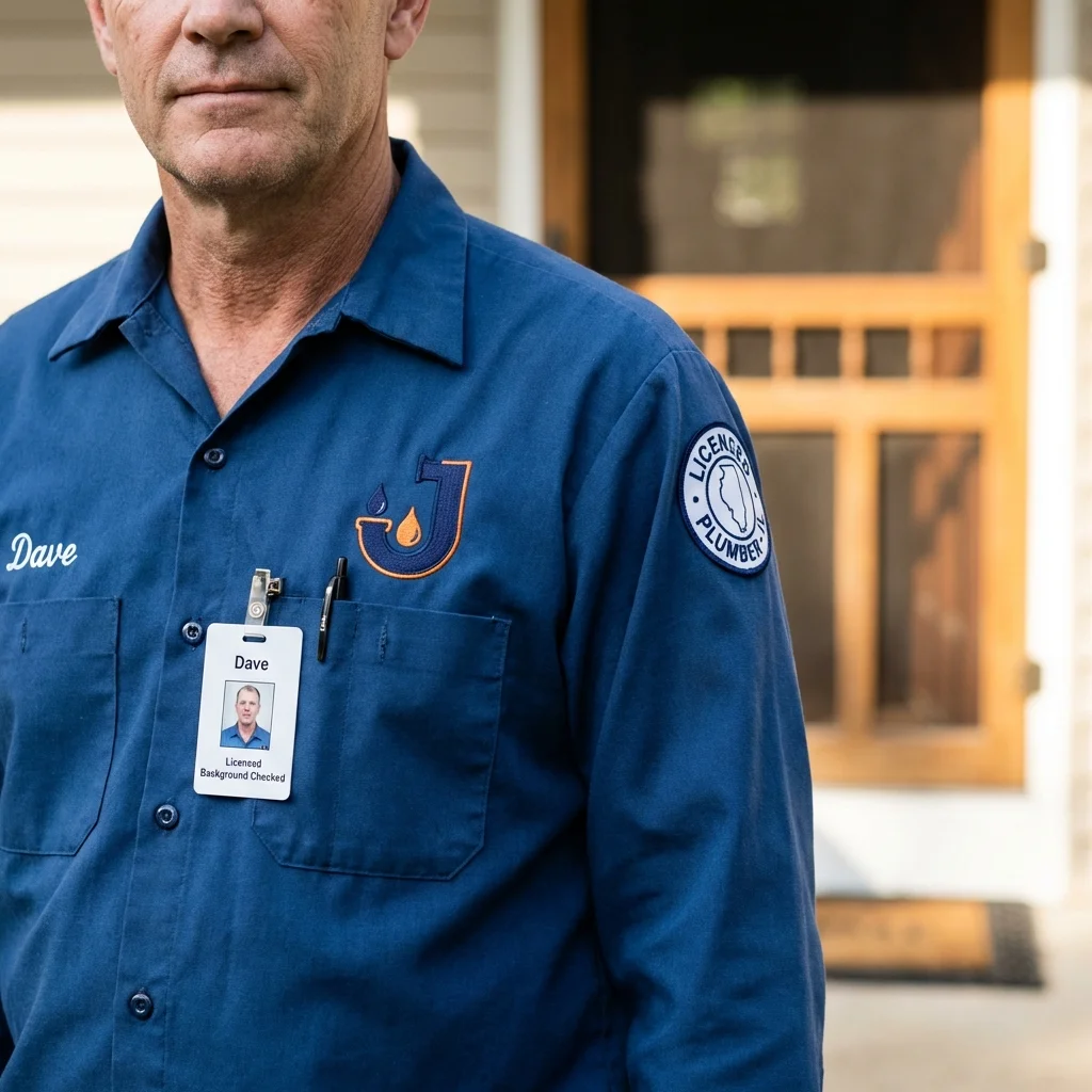 Licensed plumber showing ID badge in Martinsville, VA