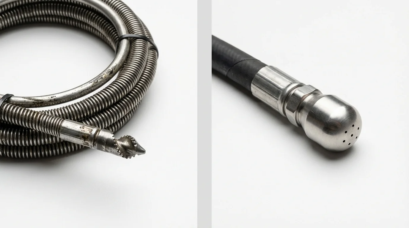 Drain snake cable and hydro jetting nozzle used for drain cleaning in Martinsville, VA