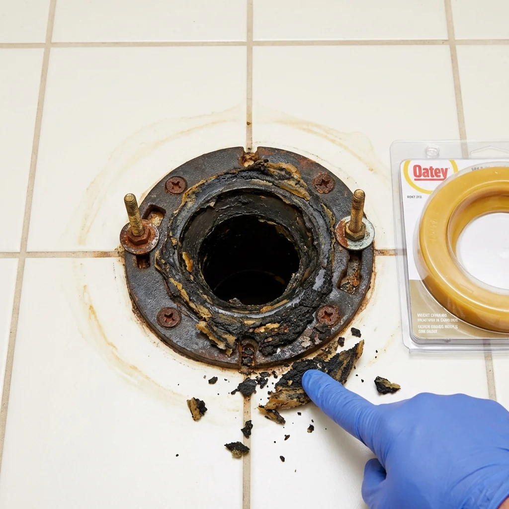Failed wax ring showing water seepage at the base of a toilet in a Martinsville, VA home