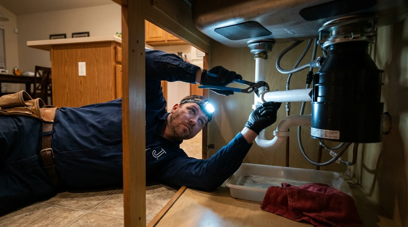 P-trap and supply line connections under a kitchen sink showing a common leak point in Martinsville, VA
